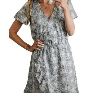 J Crew Blue White Faux Wrap Ruffle Skirt Cotton V Neck Dress medium